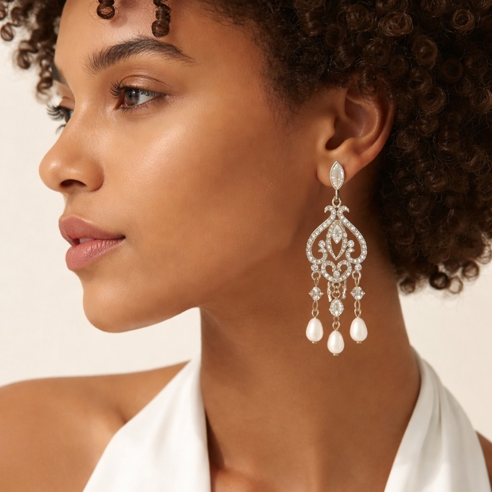 Crystal white freshwater pearl chandelier earrings 🆕